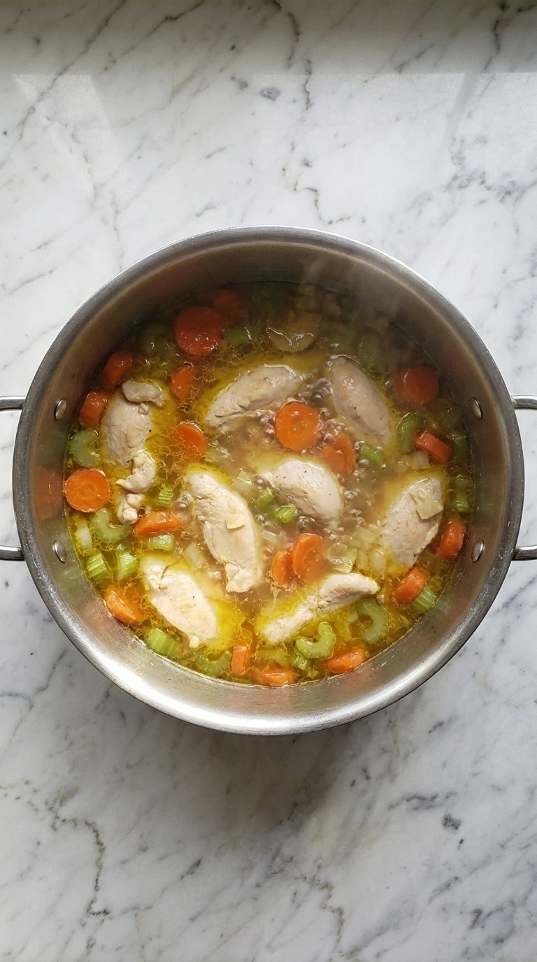Homemade Chicken Noodle Soup chicken simmering with vegetables