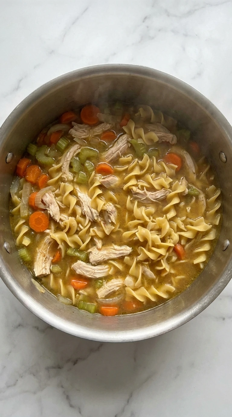 Homemade Chicken Noodle Soup with shredded chicken and noodles