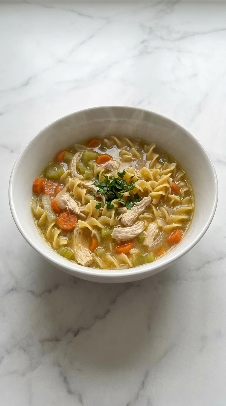 Homemade Chicken Noodle Soup served with herbs and noodles