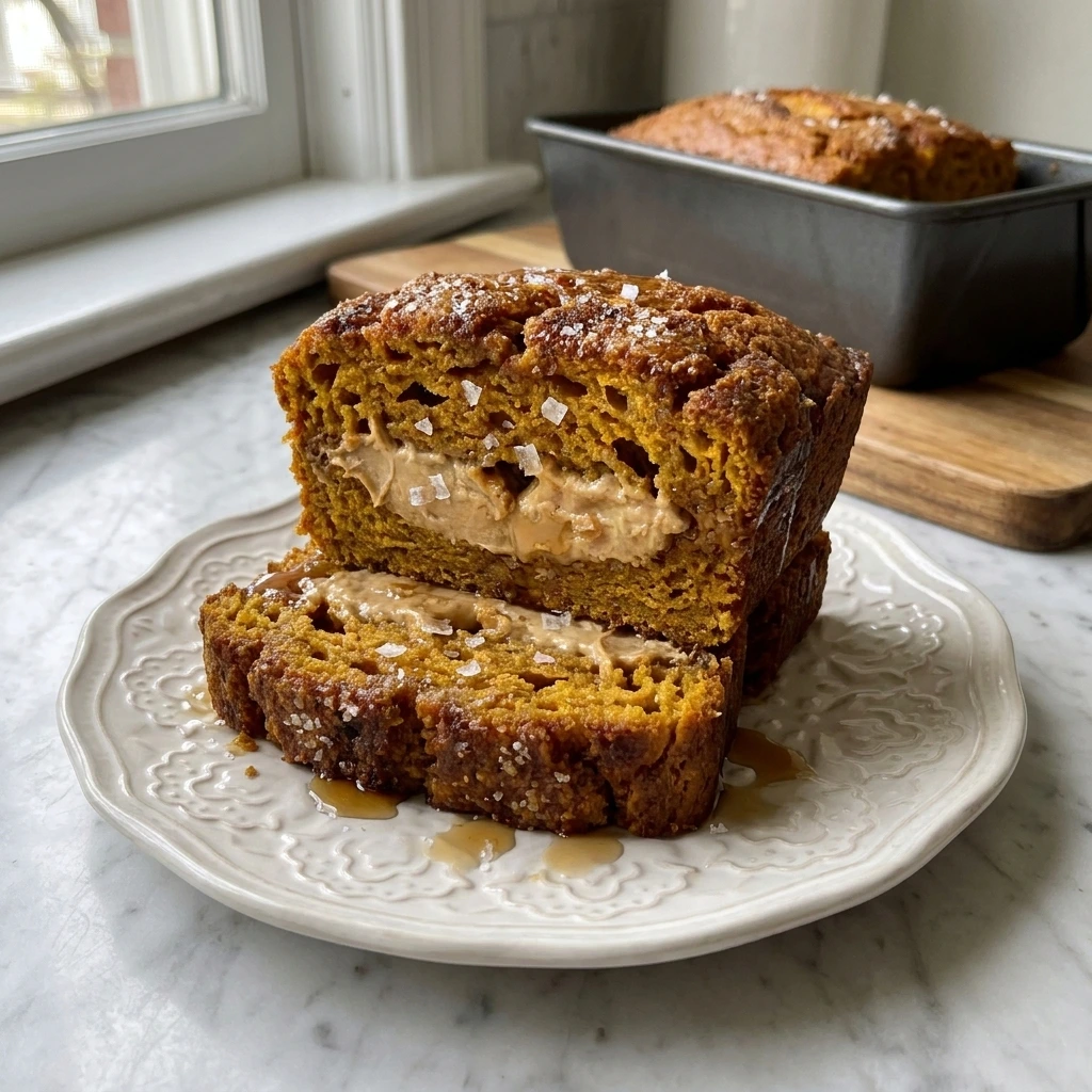Maple Pumpkin Bread slices with a creamy maple filling and crackly cinnamon sugar crust