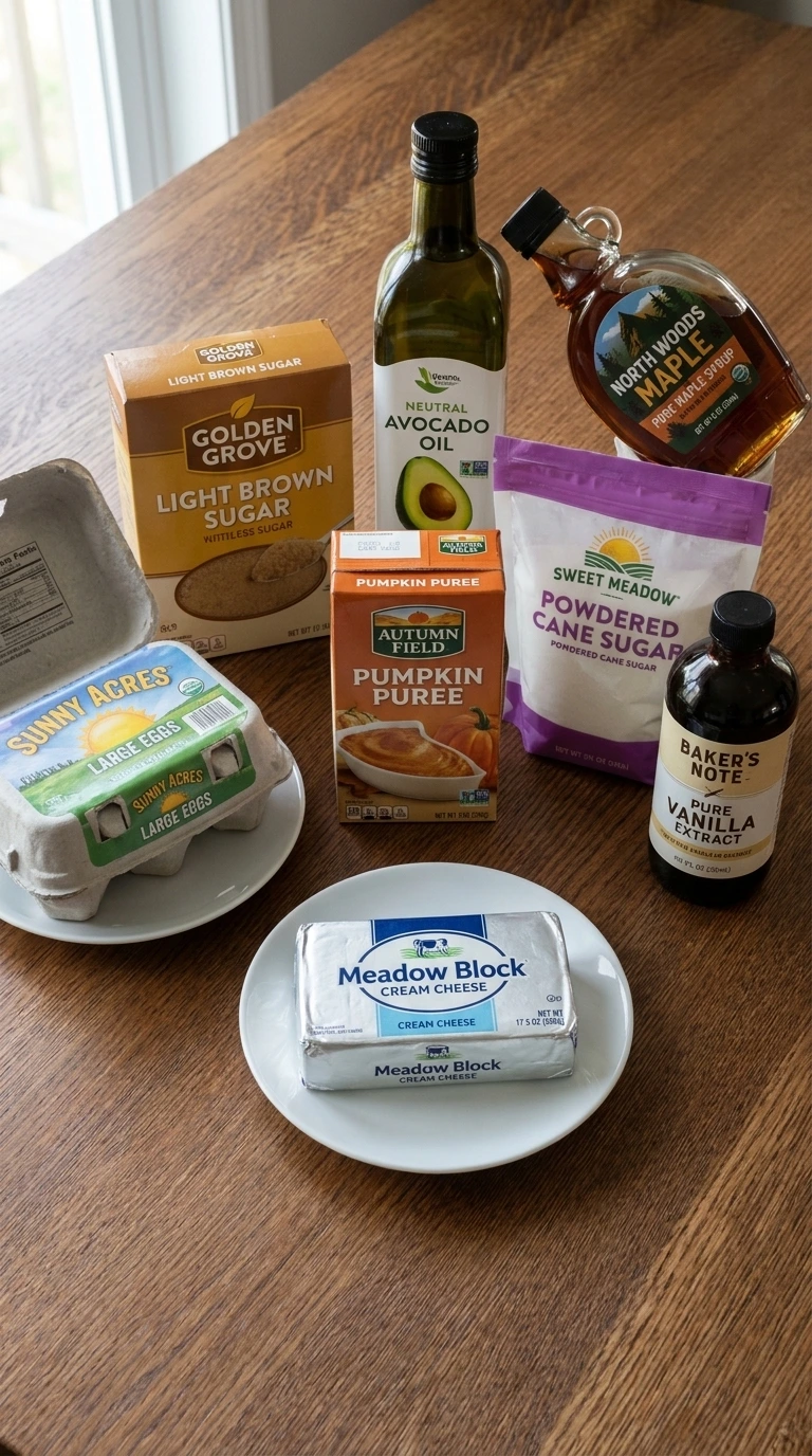 Maple Pumpkin Bread ingredients including pumpkin puree, maple syrup, cream cheese and warm spices