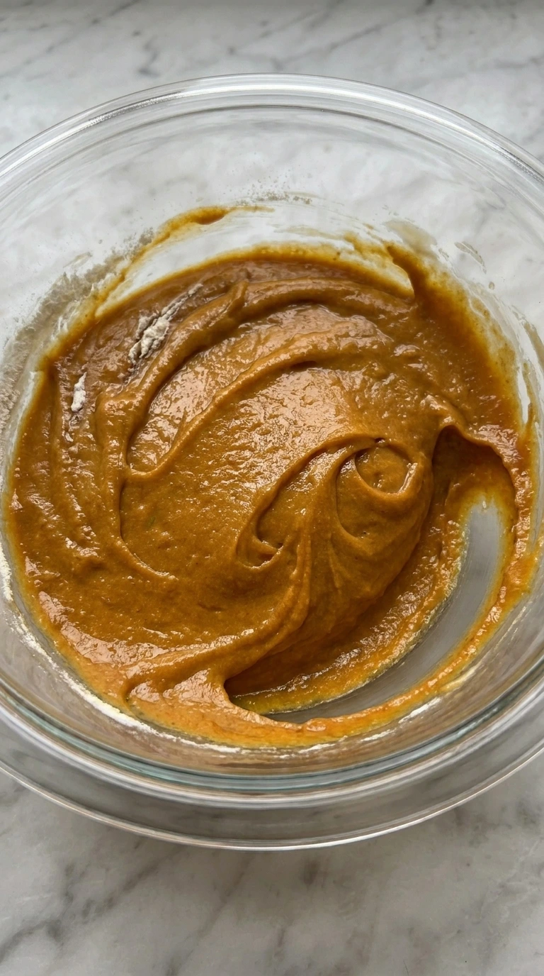 Maple Pumpkin Bread batter folded until thick with a few flour streaks remaining
