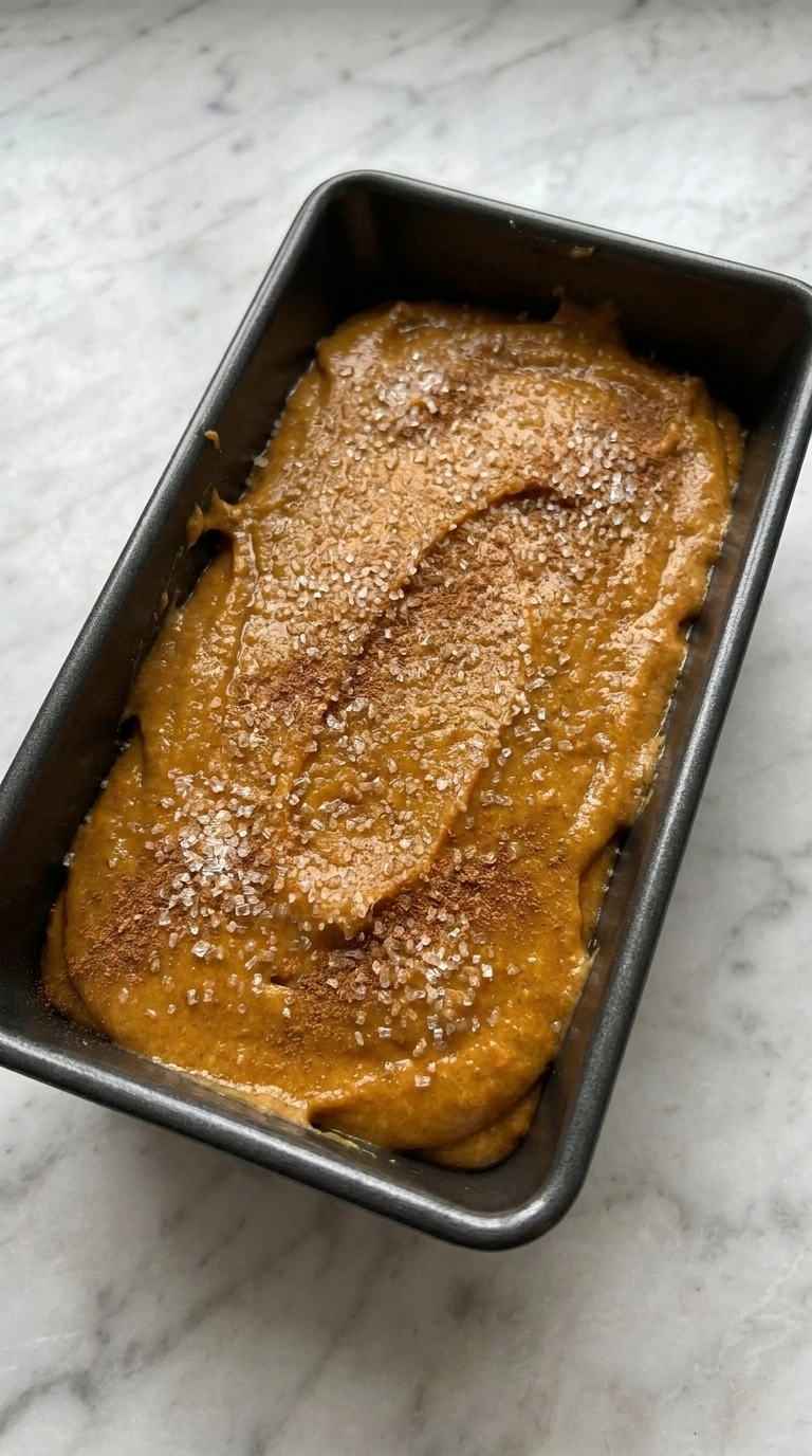 Maple Pumpkin Bread layered in a loaf pan with maple filling and cinnamon sugar topping