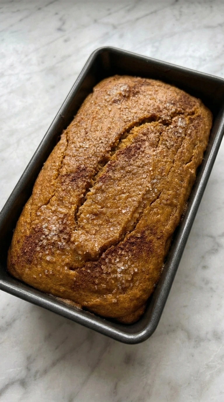 Maple Pumpkin Bread baked with a deep amber crackled cinnamon sugar crust
