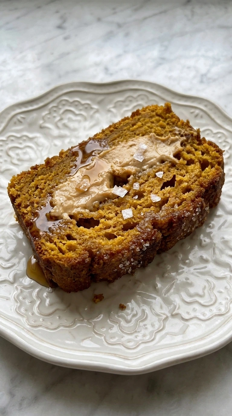 Maple Pumpkin Bread slice showing moist crumb and a creamy maple center