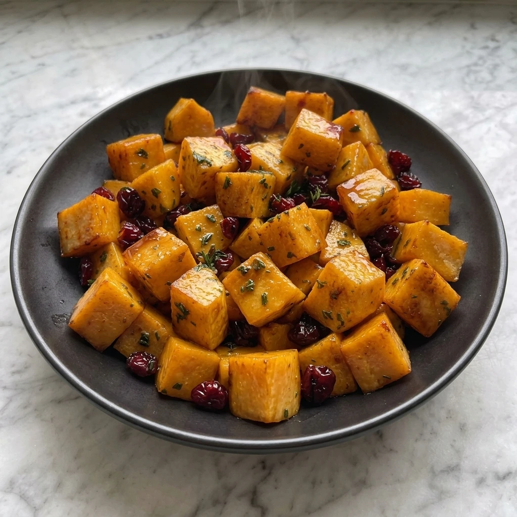 Maple Roasted Butternut Squash with Cranberries with glossy roasted squash cubes and cranberries