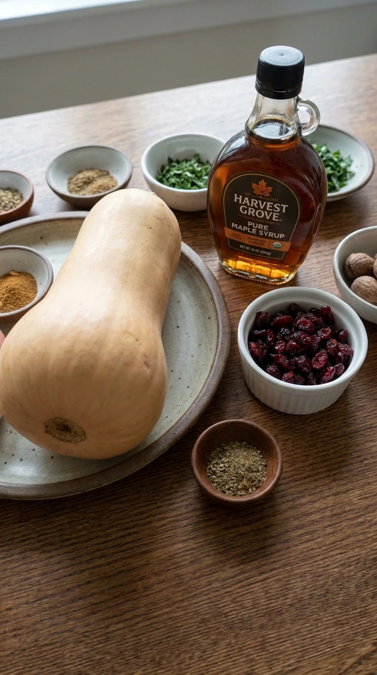 Maple Roasted Butternut Squash with Cranberries ingredients arranged before cooking