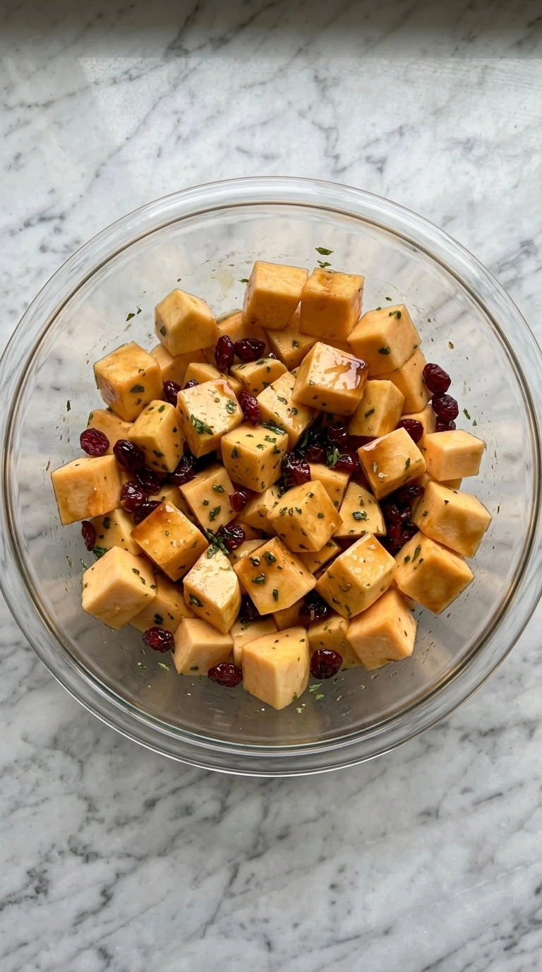 Maple Roasted Butternut Squash with Cranberries squash cubes coated before roasting