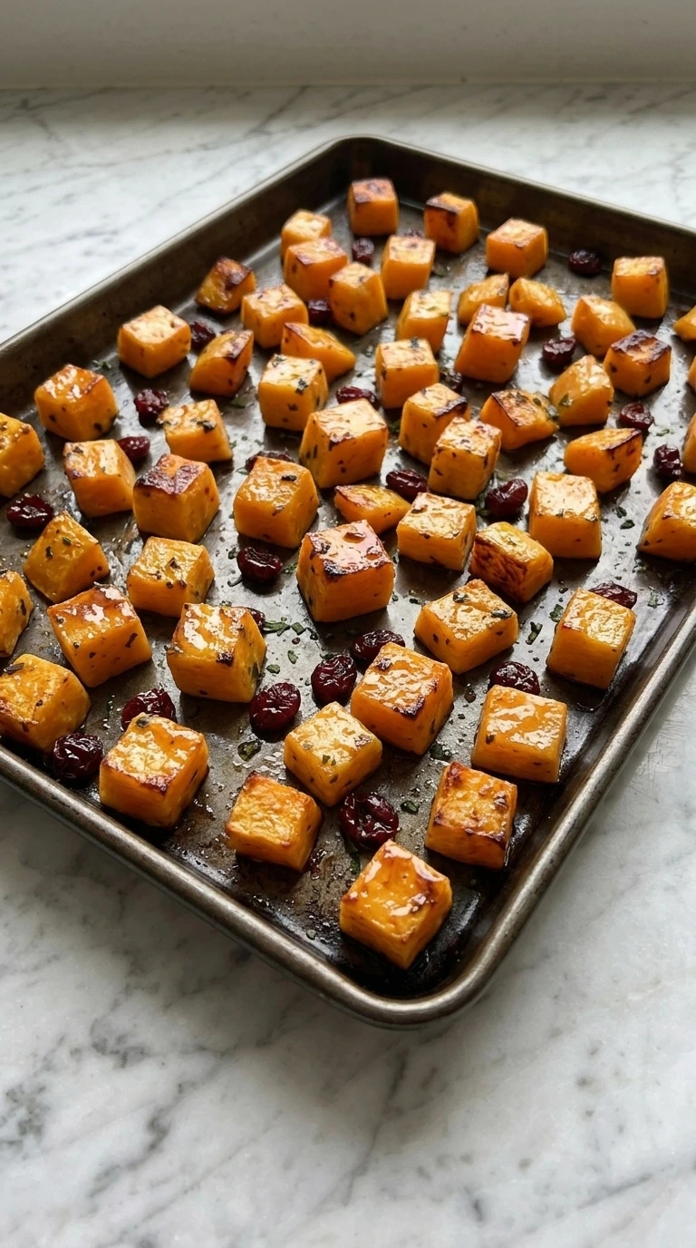 Maple Roasted Butternut Squash with Cranberries roasting squash with caramelized edges