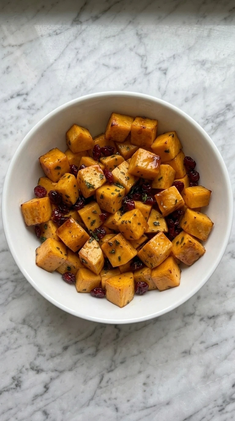 Maple Roasted Butternut Squash with Cranberries finished with cranberries