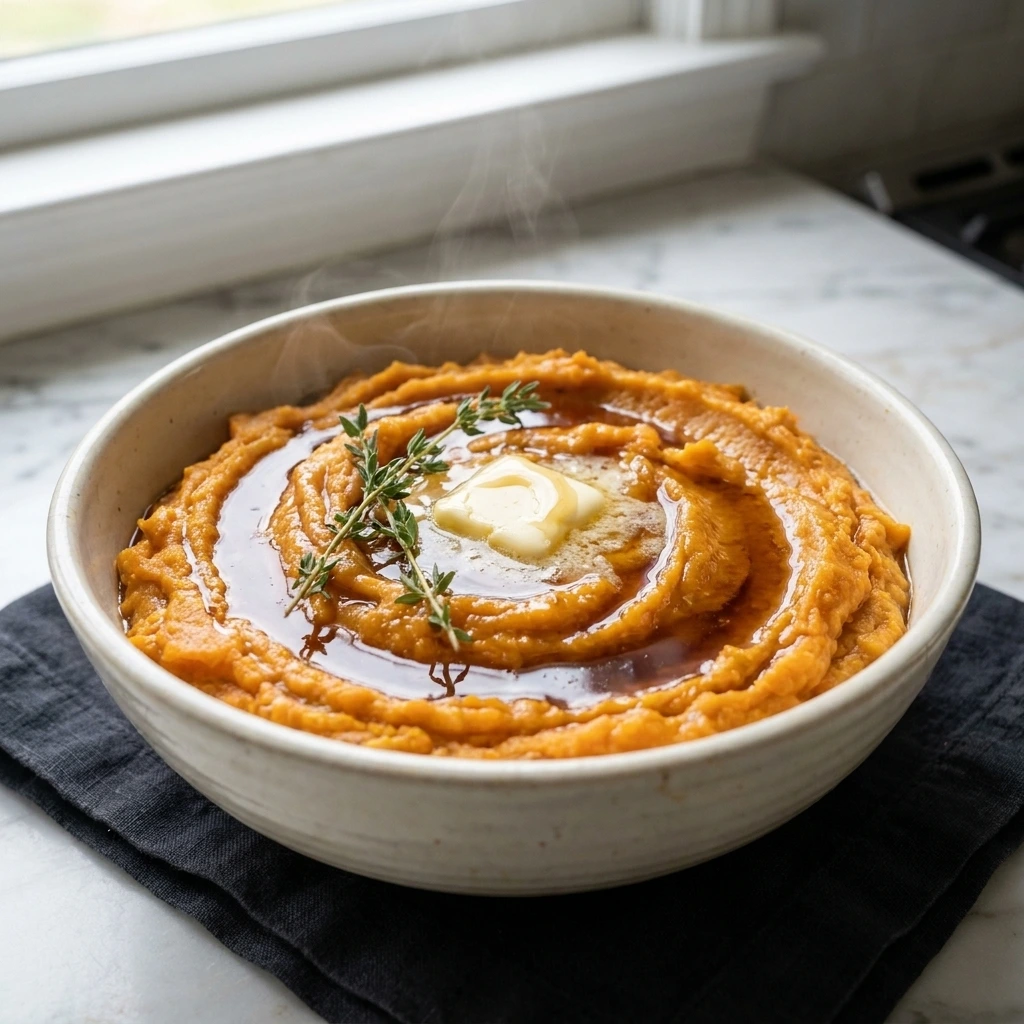 A ceramic bowl filled with creamy Maple Sweet Potato Mash topped with melting butter.