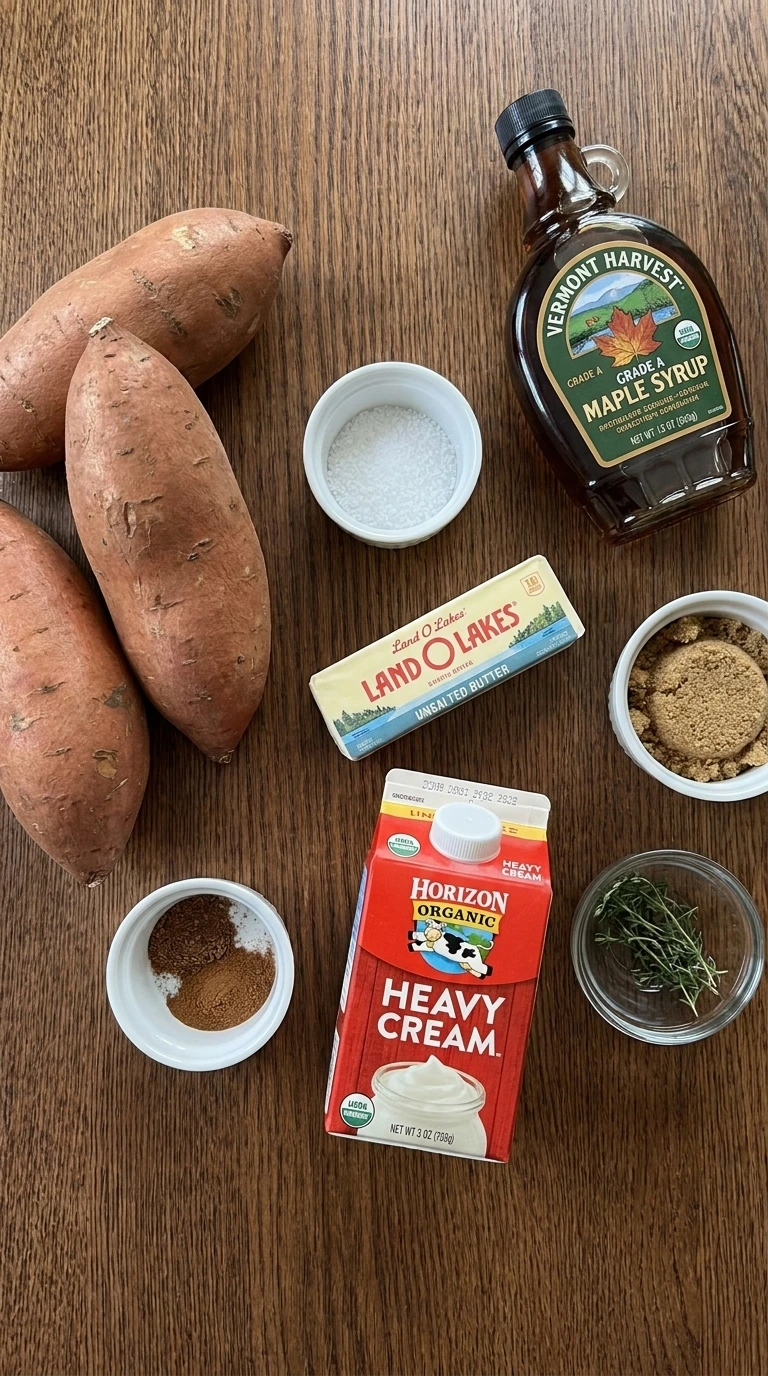 Ingredients for Maple Sweet Potato Mash including sweet potatoes, maple syrup, and butter.