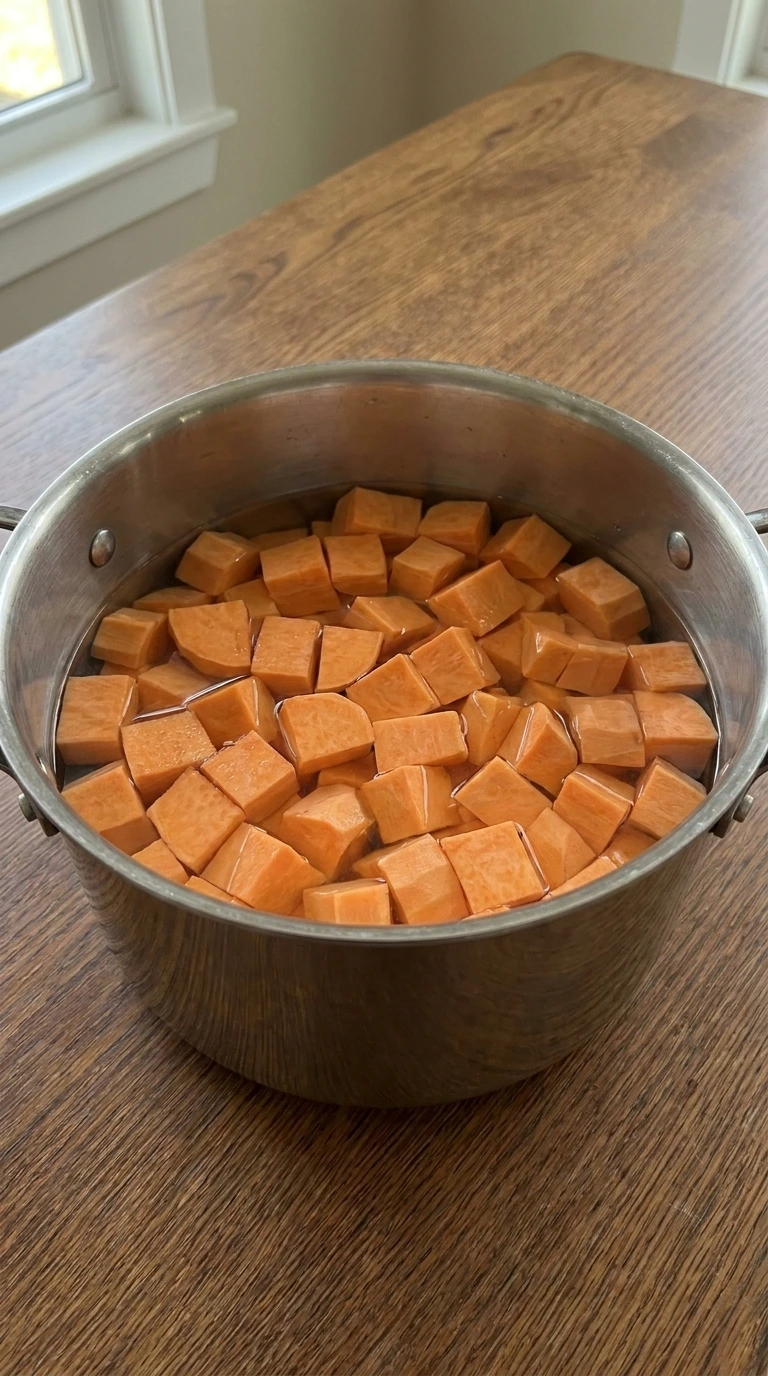 Peeled sweet potato cubes in a pot of water for Maple Sweet Potato Mash.
