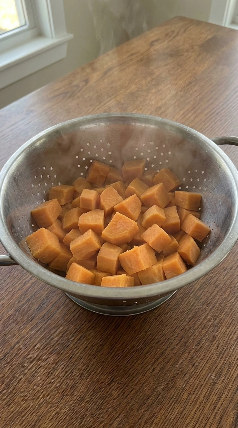 Steaming hot cooked sweet potatoes draining in a colander for Maple Sweet Potato Mash.