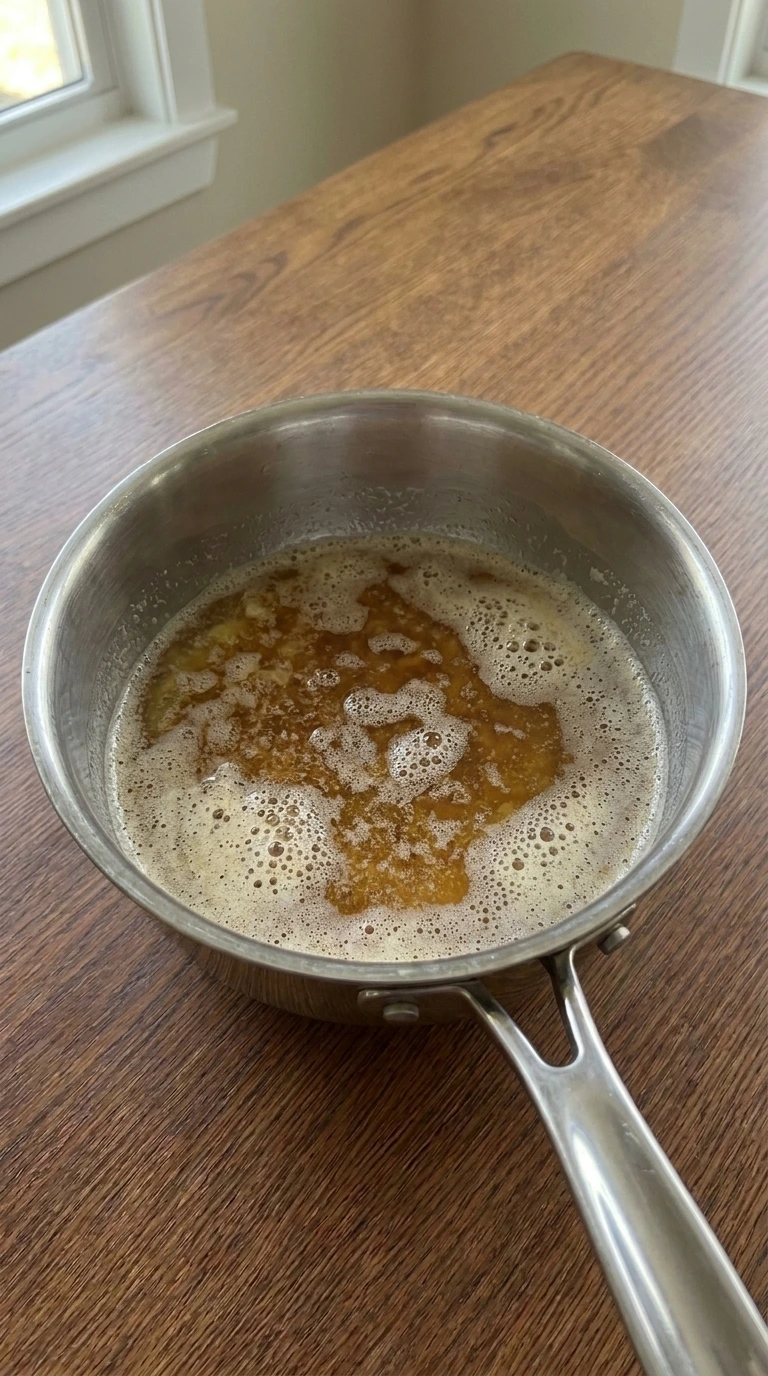 Nutty brown butter foaming in a pan for Maple Sweet Potato Mash.