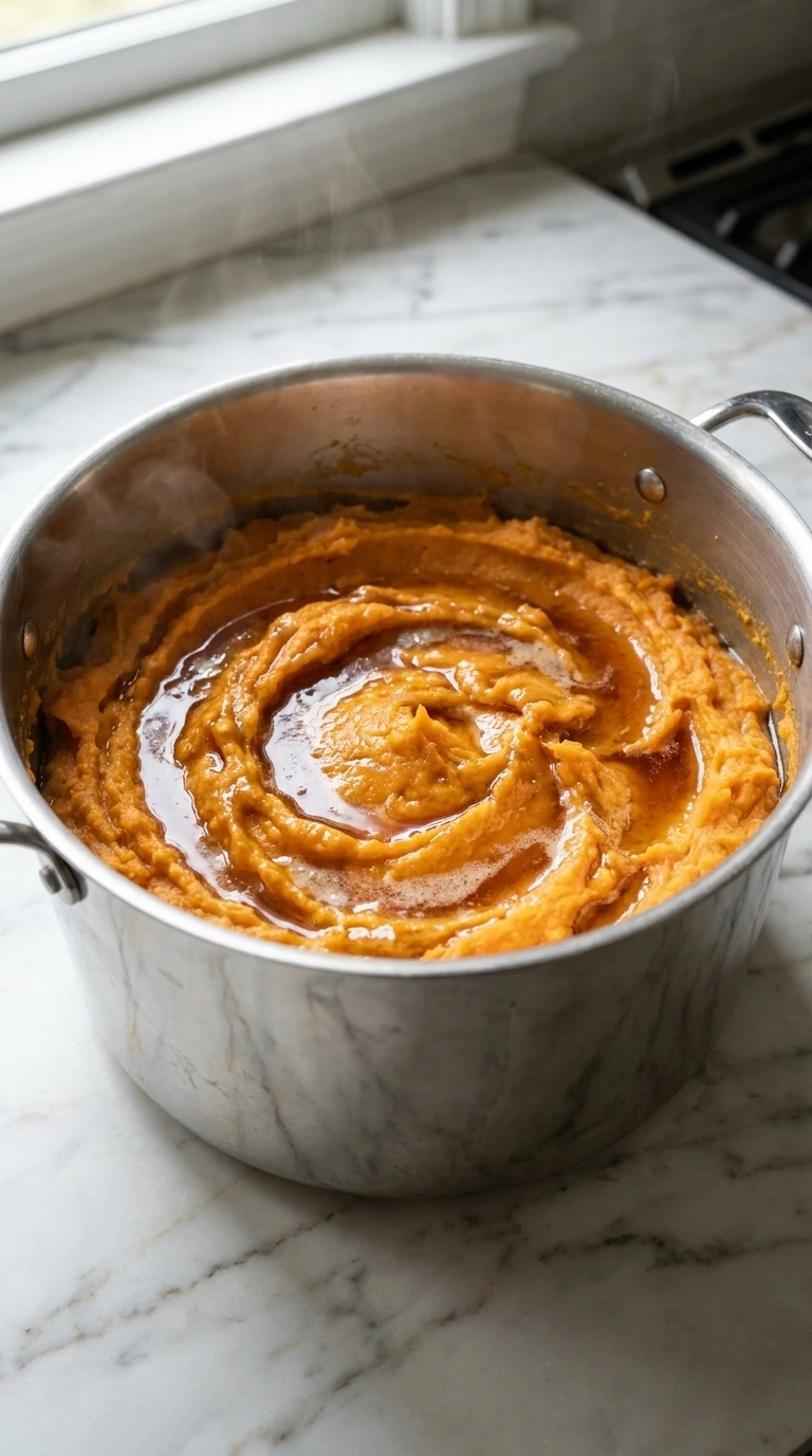 Fluffy Maple Sweet Potato Mash being folded with a rubber spatula in a pot.
