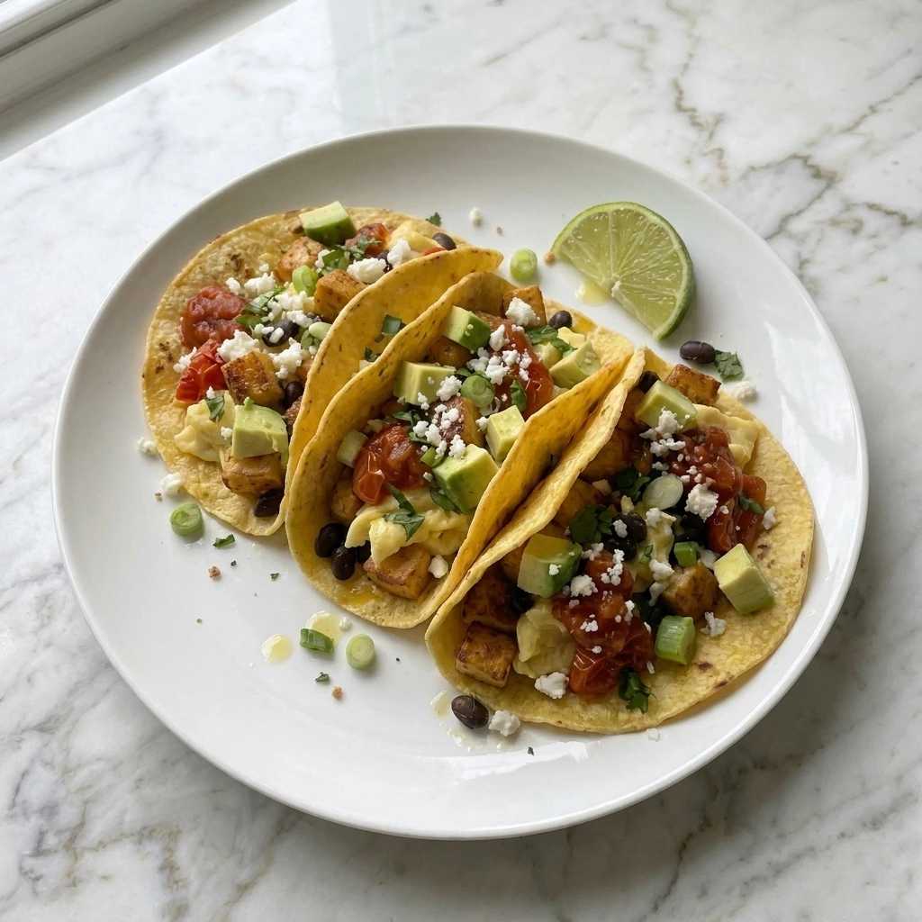 Patty Pan Squash Breakfast Tacos with golden squash, soft eggs, avocado and cotija