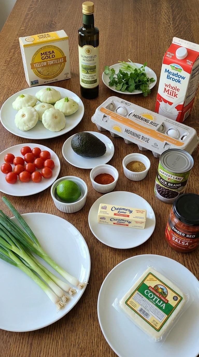 Ingredients for Patty Pan Squash Breakfast Tacos including squash, eggs, tortillas, beans and avocado