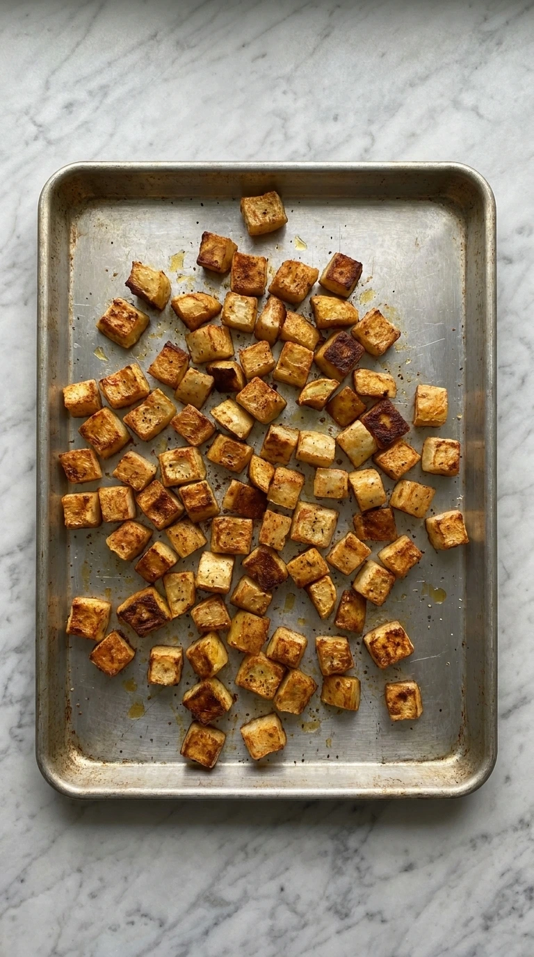Roasted squash cubes for Patty Pan Squash Breakfast Tacos with golden edges and paprika