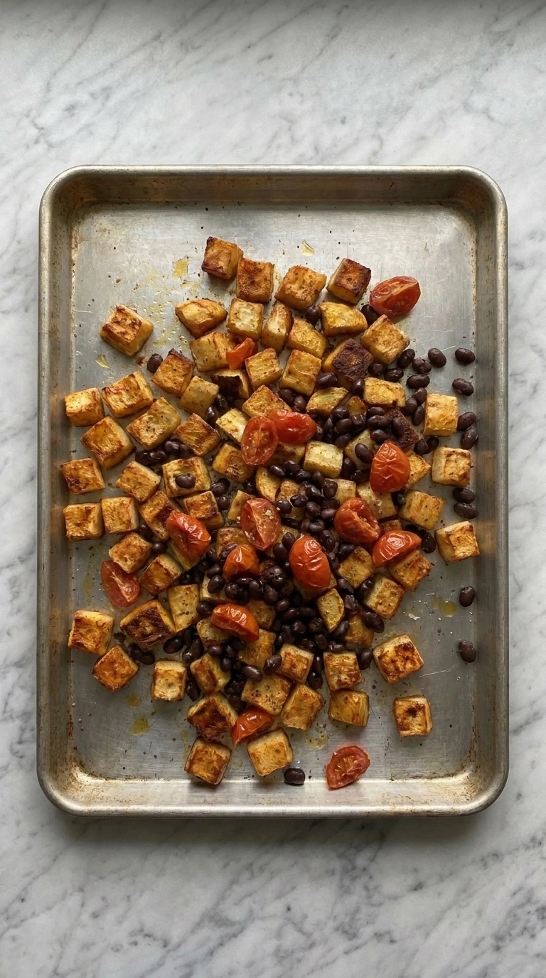 Squash, black beans and tomatoes for Patty Pan Squash Breakfast Tacos on a sheet pan
