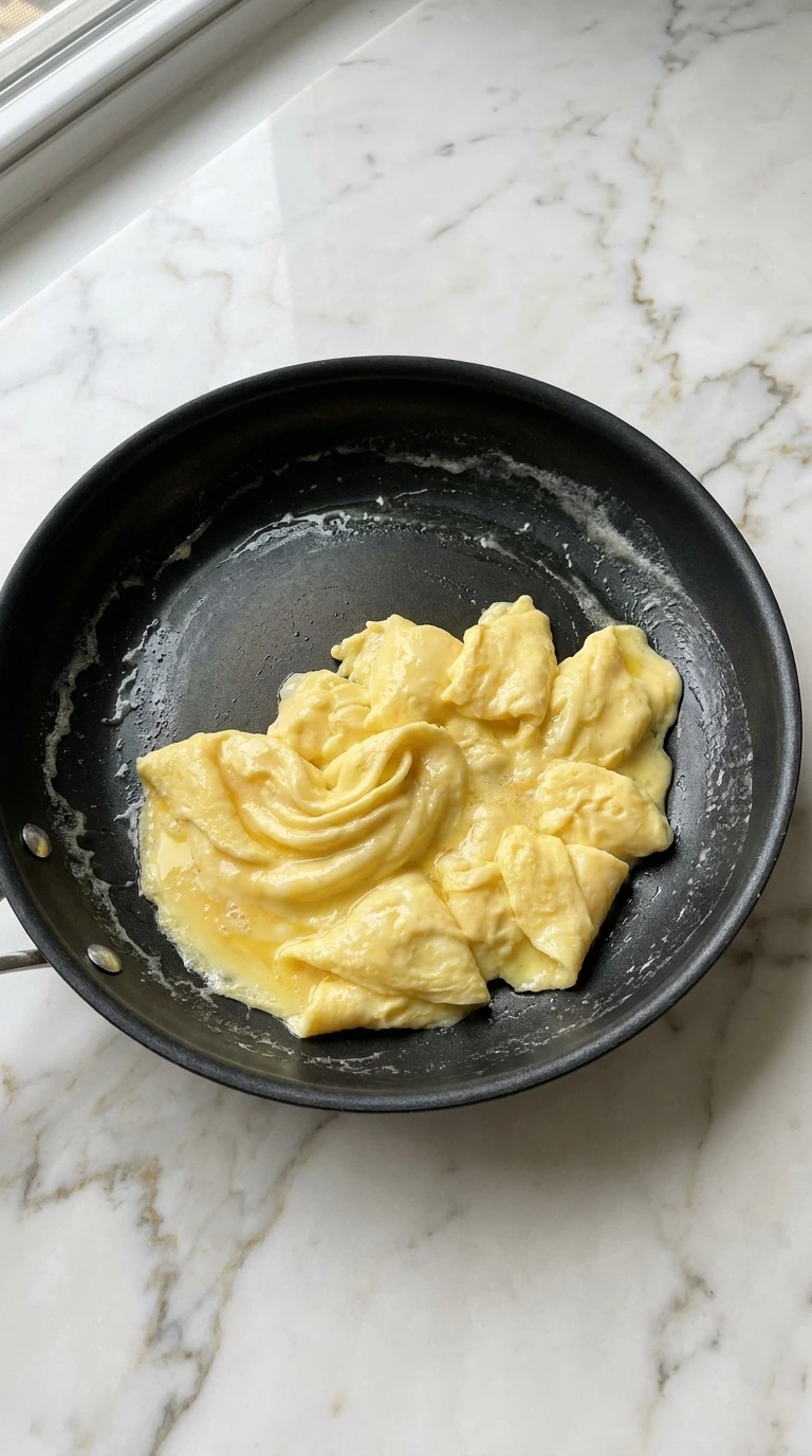 Soft scrambled eggs for Patty Pan Squash Breakfast Tacos folded into glossy curds