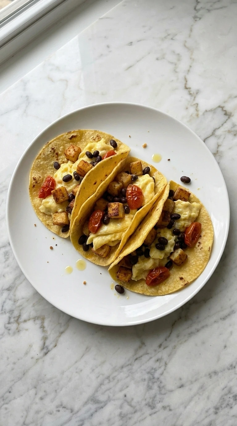 Filling warm corn tortillas for Patty Pan Squash Breakfast Tacos with eggs and roasted vegetables