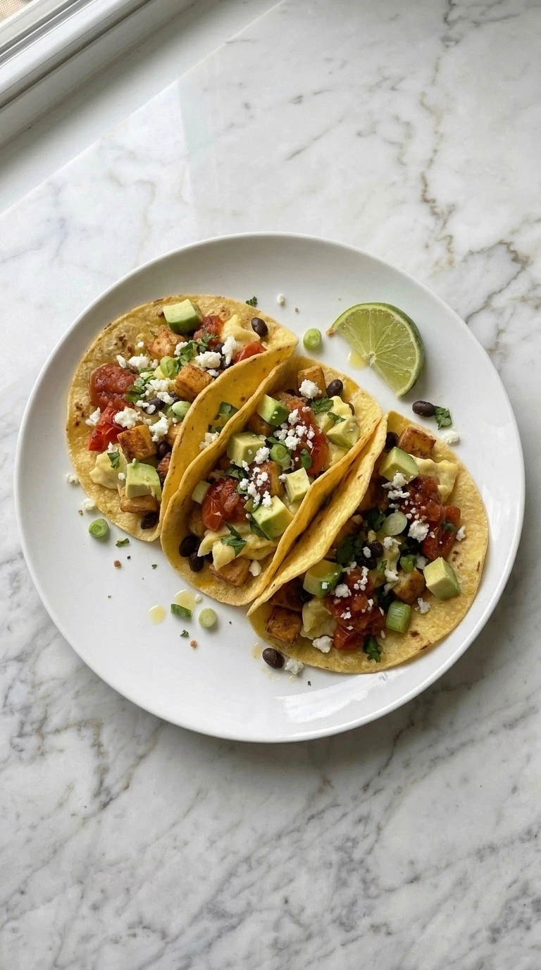 Finished Patty Pan Squash Breakfast Tacos topped with avocado, cotija, salsa and herbs