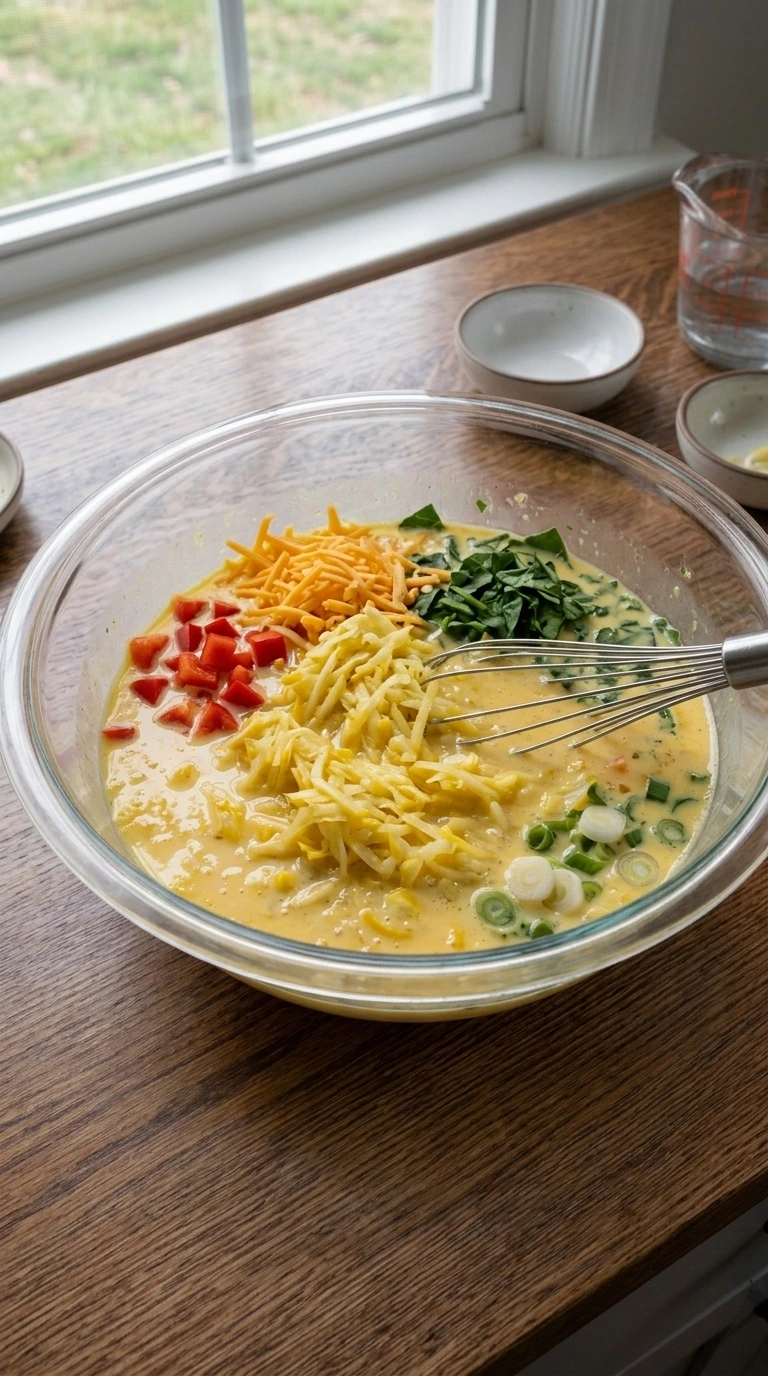 Egg muffin mixture with patty pan squash, cheddar, red pepper and spinach