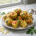 Golden Patty Pan Squash Egg Muffins with cheddar, red pepper and spinach on a white plate