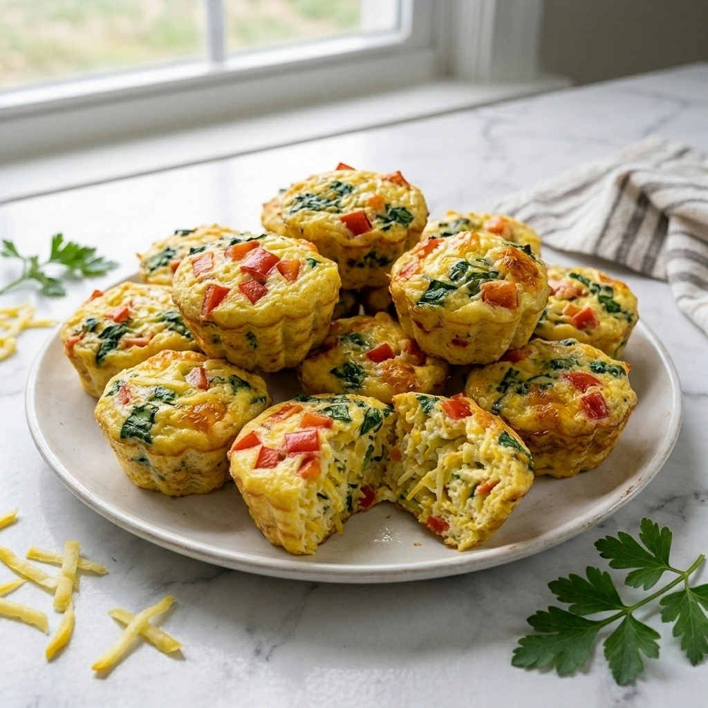 Golden Patty Pan Squash Egg Muffins with cheddar, red pepper and spinach on a white plate