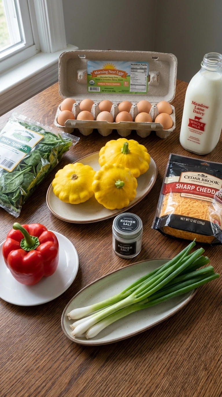 Ingredients for Patty Pan Squash Egg Muffins arranged in separate containers