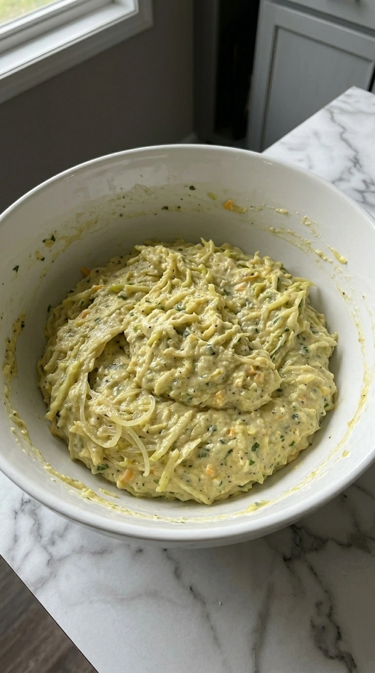 Thick patty pan squash pancake batter with cheddar and parsley