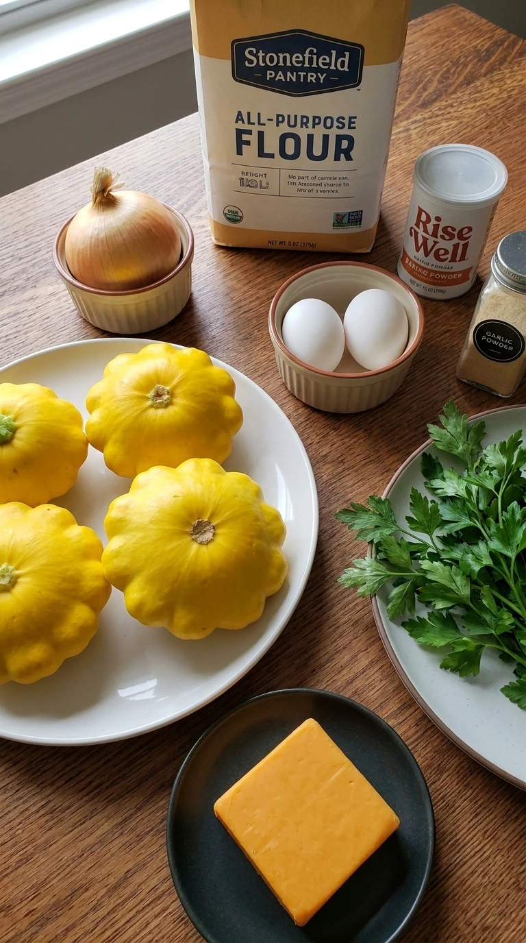 Ingredients for patty pan squash savory pancakes arranged in separate containers