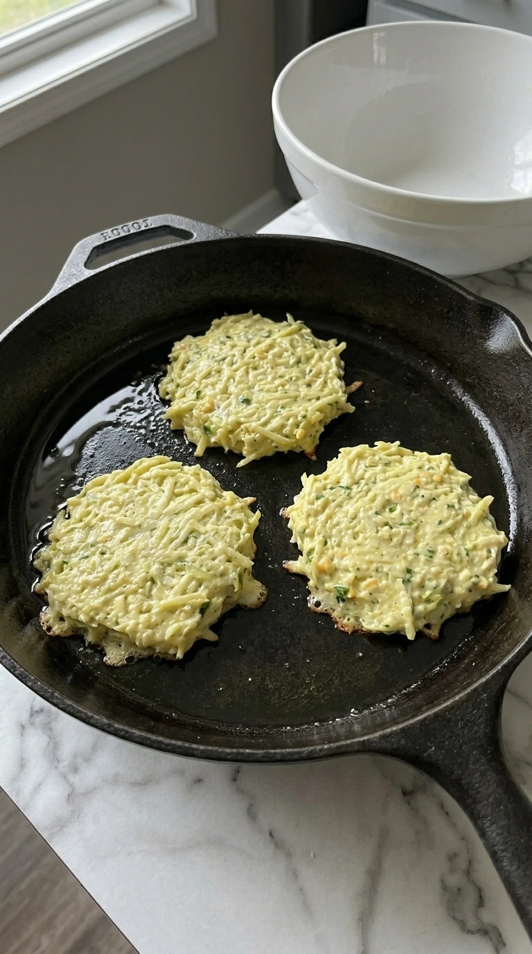 Three patty pan squash pancakes frying on their first sides