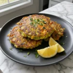 Stack of golden patty pan squash savory pancakes with parsley and lemon wedges
