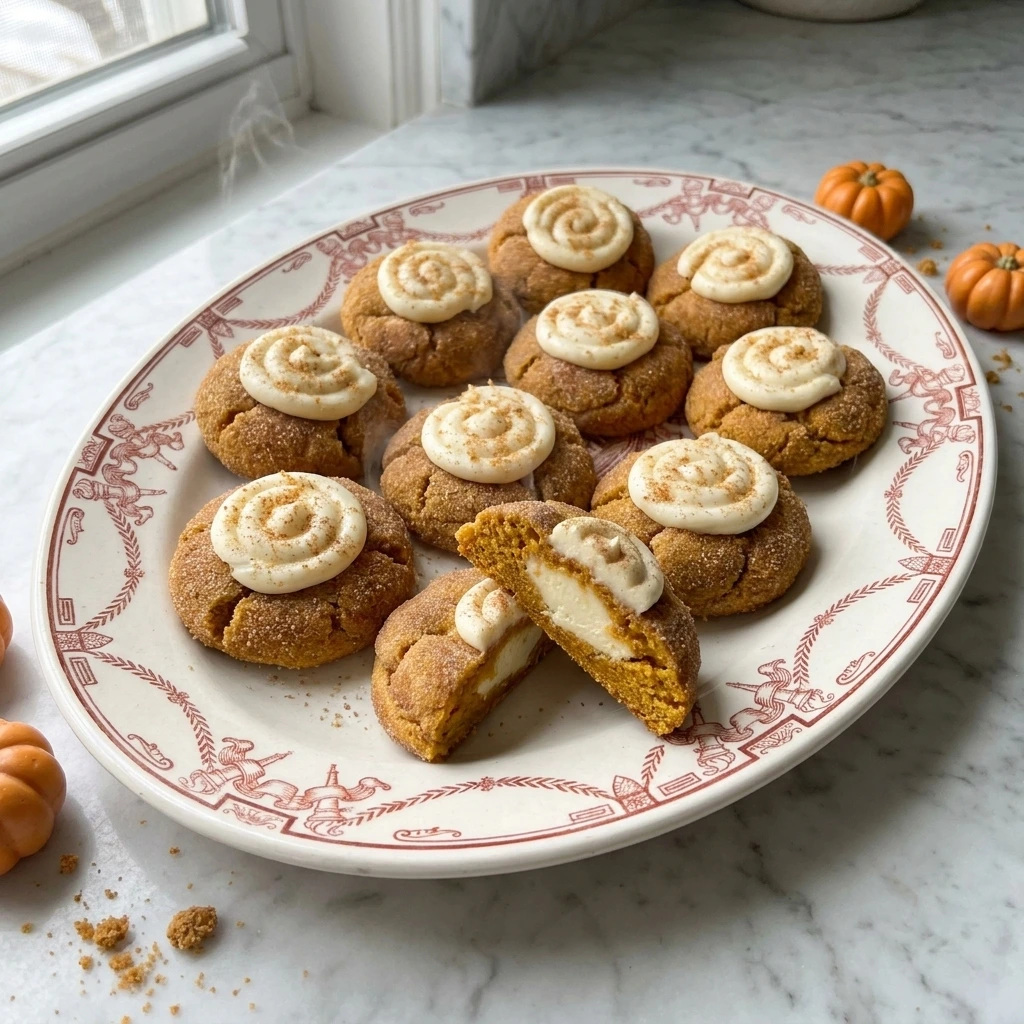 Pumpkin Cheesecake Cookies with cream cheese swirls and one cookie broken open