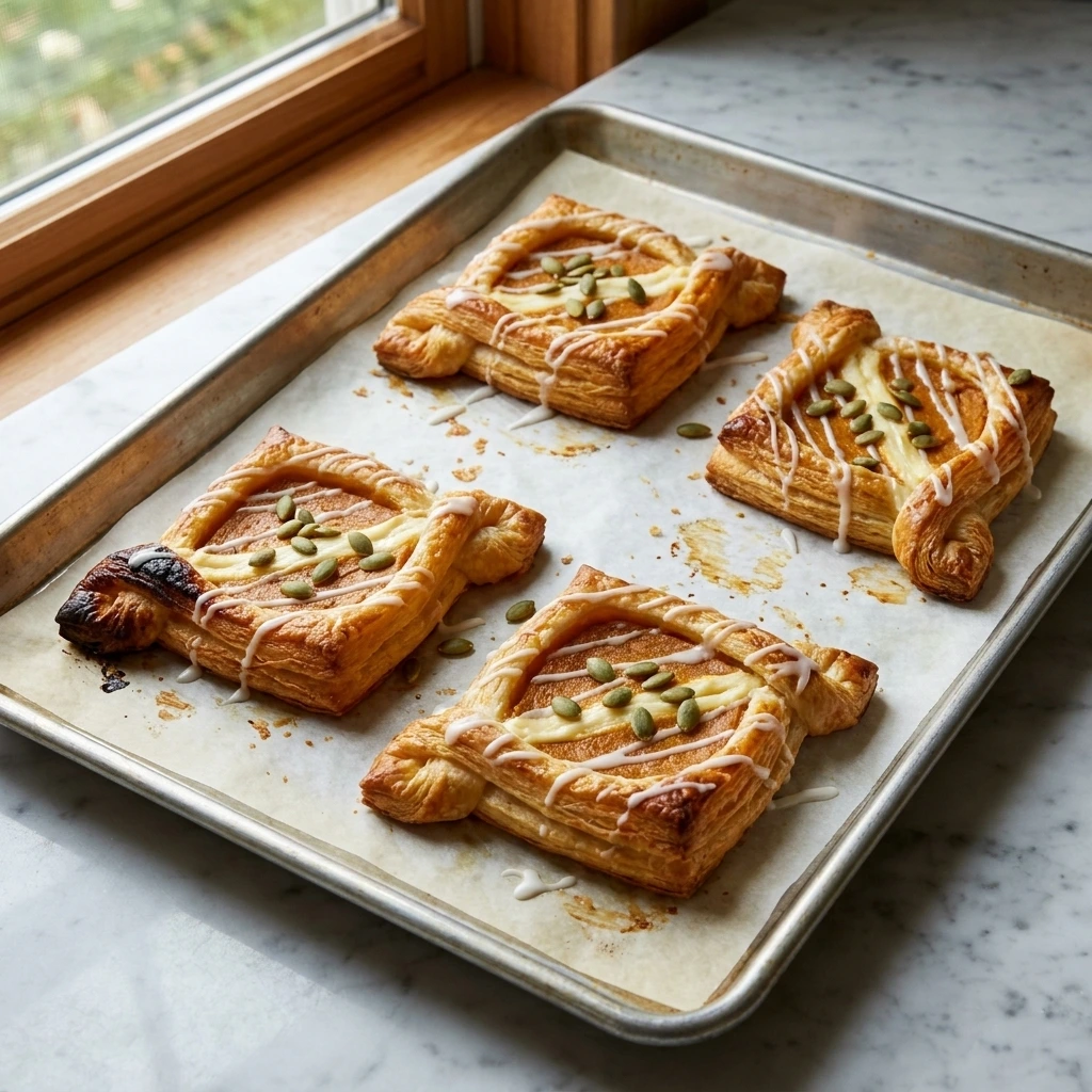 Pumpkin Cream Cheese Danish with golden puff pastry, pumpkin filling, cream cheese ribbons, vanilla glaze and pepitas