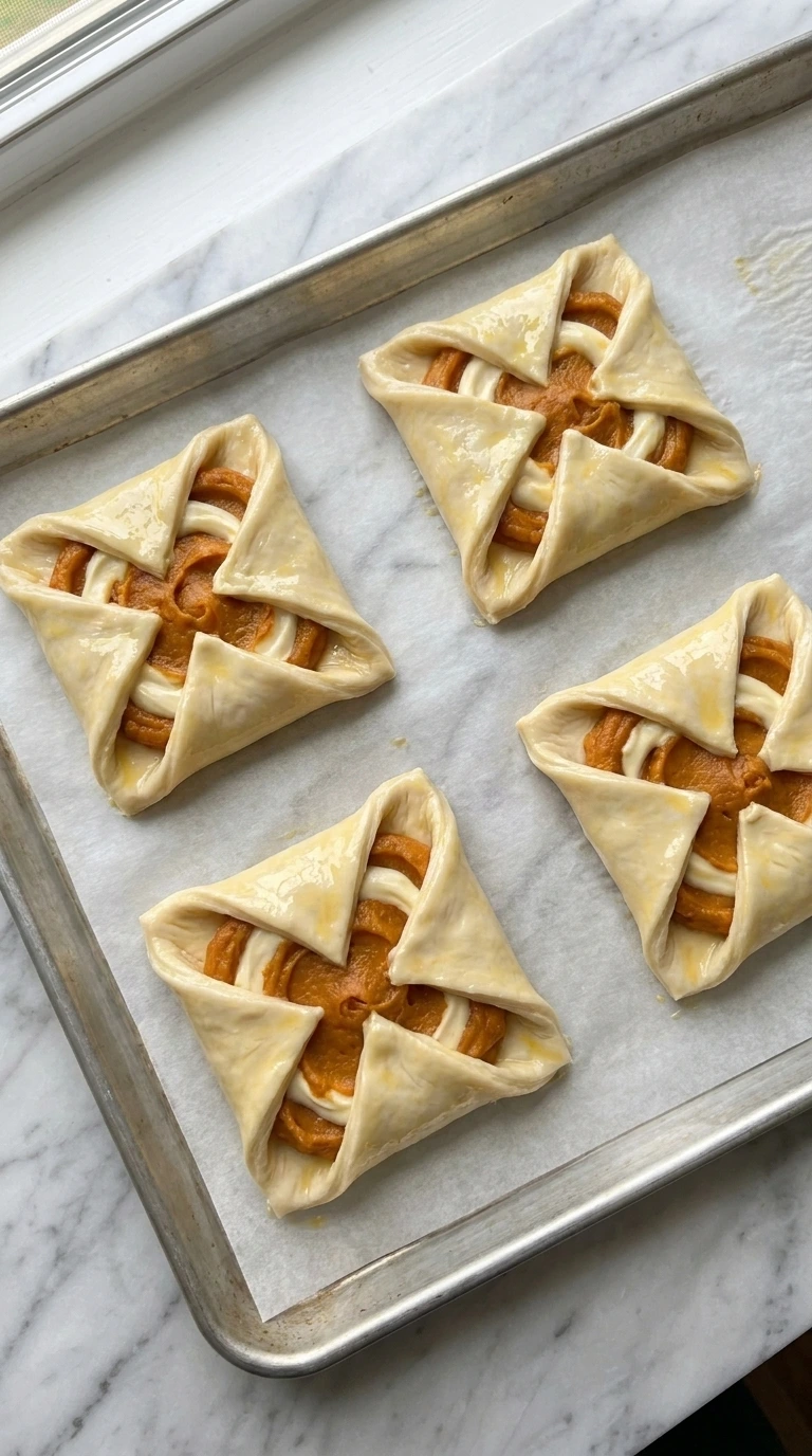 Pumpkin Cream Cheese Danish shaped into four puff pastry squares with pumpkin and cream cheese filling