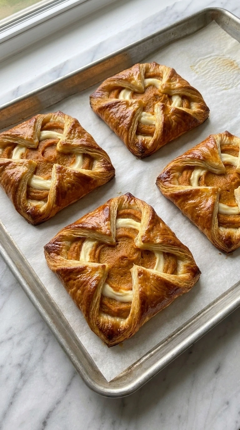 Pumpkin Cream Cheese Danish baked with deep golden flaky borders and set pumpkin cream cheese centers