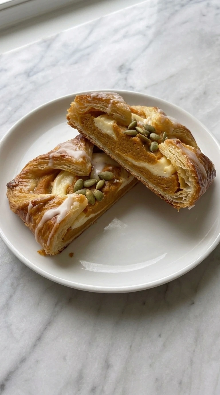 Pumpkin Cream Cheese Danish cut open to show flaky layers, pumpkin center and cream cheese ribbons