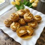 Pumpkin Cream Cheese Muffins with golden-orange domes, white cream cheese centers and one muffin split open