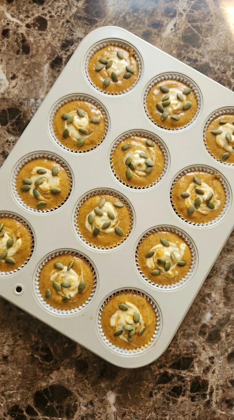 Pumpkin Cream Cheese Muffins layered with white filling and pepitas before baking