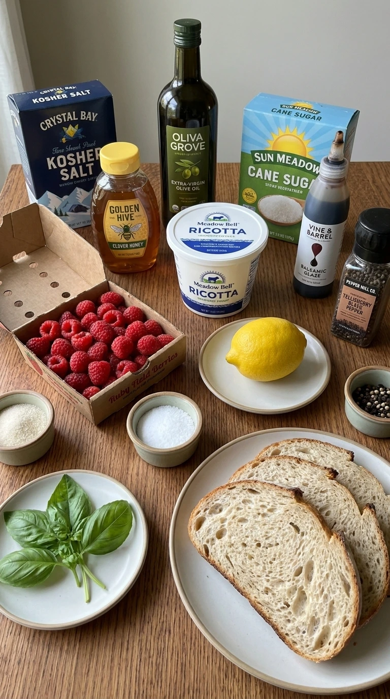 Raspberry Ricotta Toast ingredients including sourdough, whole-milk ricotta, raspberries, lemon, honey and balsamic glaze