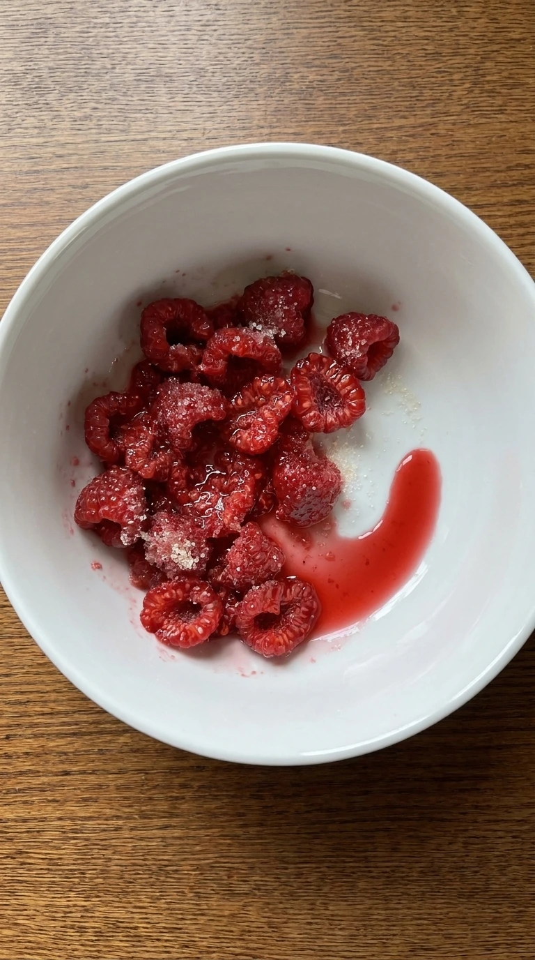 Raspberry Ricotta Toast step one showing lightly crushed raspberries releasing glossy ruby syrup
