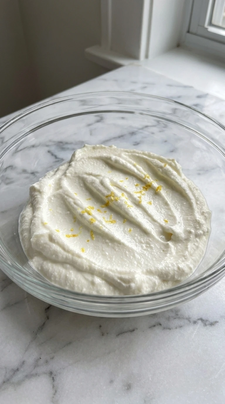 Raspberry Ricotta Toast step two showing smooth whipped lemon ricotta with soft ridges