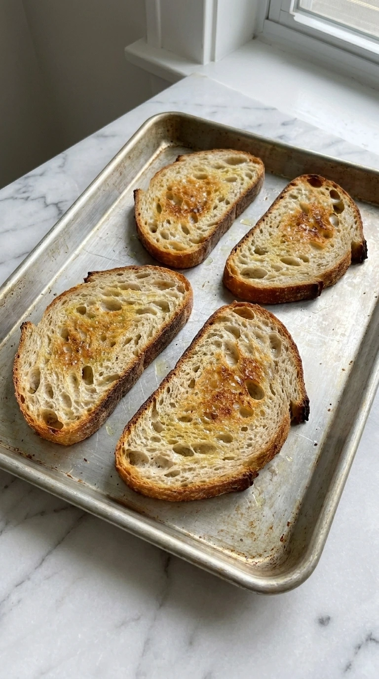 Raspberry Ricotta Toast step three showing four deep golden sourdough slices with crisp open crumb