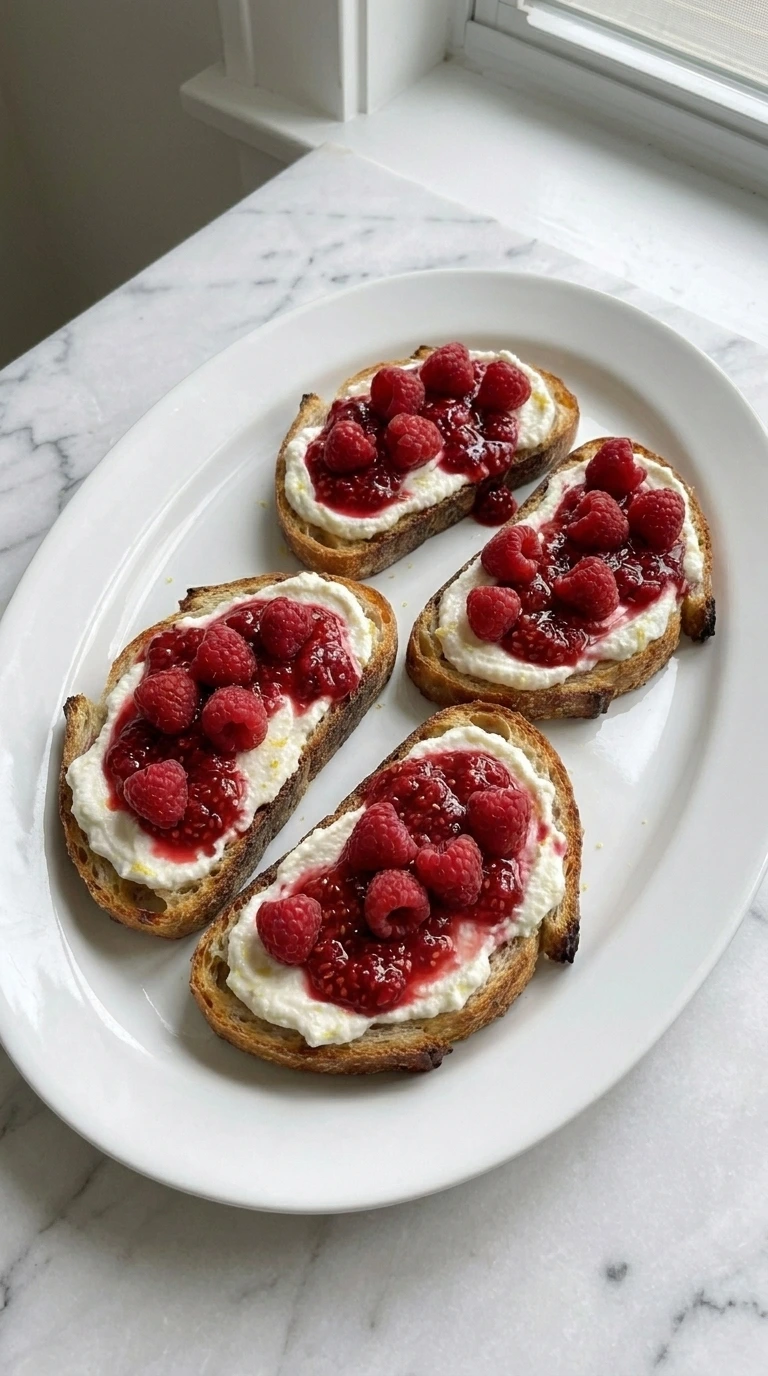 Raspberry Ricotta Toast step four with whipped ricotta, crushed berry syrup and whole raspberries layered unevenly