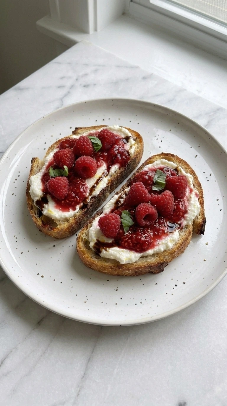 Raspberry Ricotta Toast step five showing one cut serving with glossy balsamic ribbons and basil