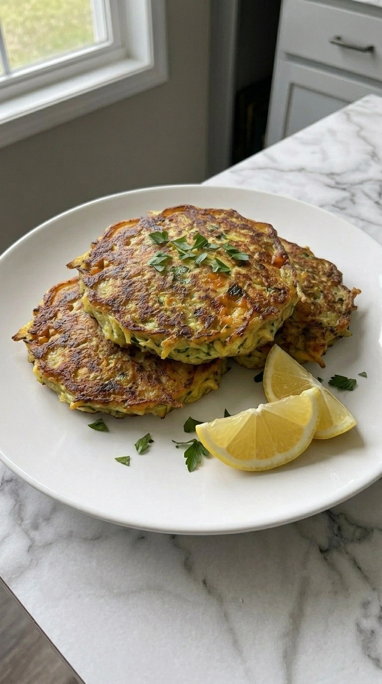 Three patty pan squash savory pancakes stacked with lemon and parsley