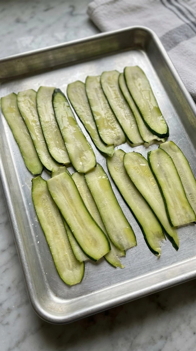 Twelve thin zucchini ribbons softened on a sheet pan